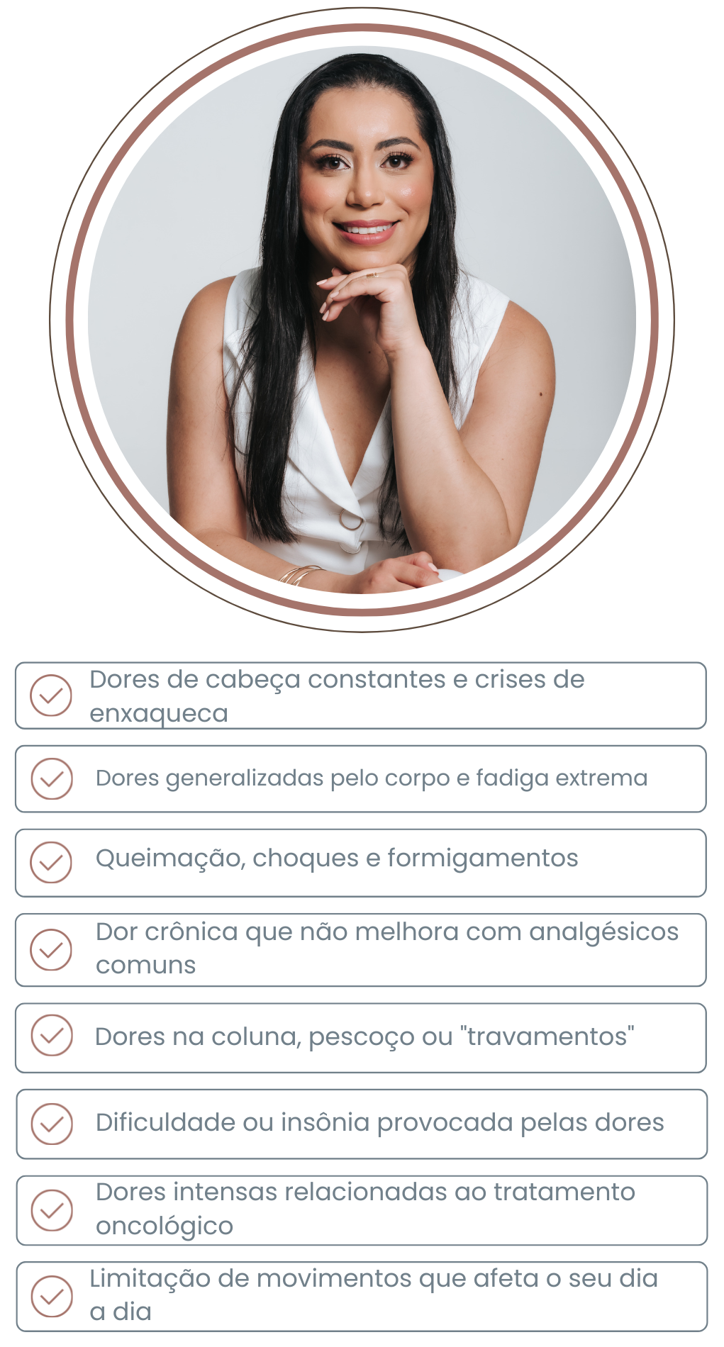 Lista de sintomas e condições dolorosas tratadas pela Dra. Bruna Queiróz com Medicina Intervencionista da Dor em Montes Claros - MG.